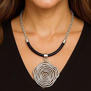 Handmade Turkish Artisan Leather Necklace Bold Zamak Spiral Flower Pendant